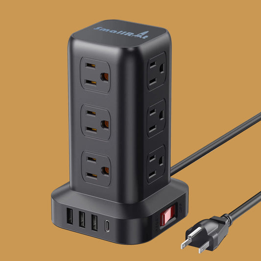 Power Strip Tower 12 Outlets with 4 USB Ports Surge Protector Electric Charging Station 6.5Ft Cord, Black