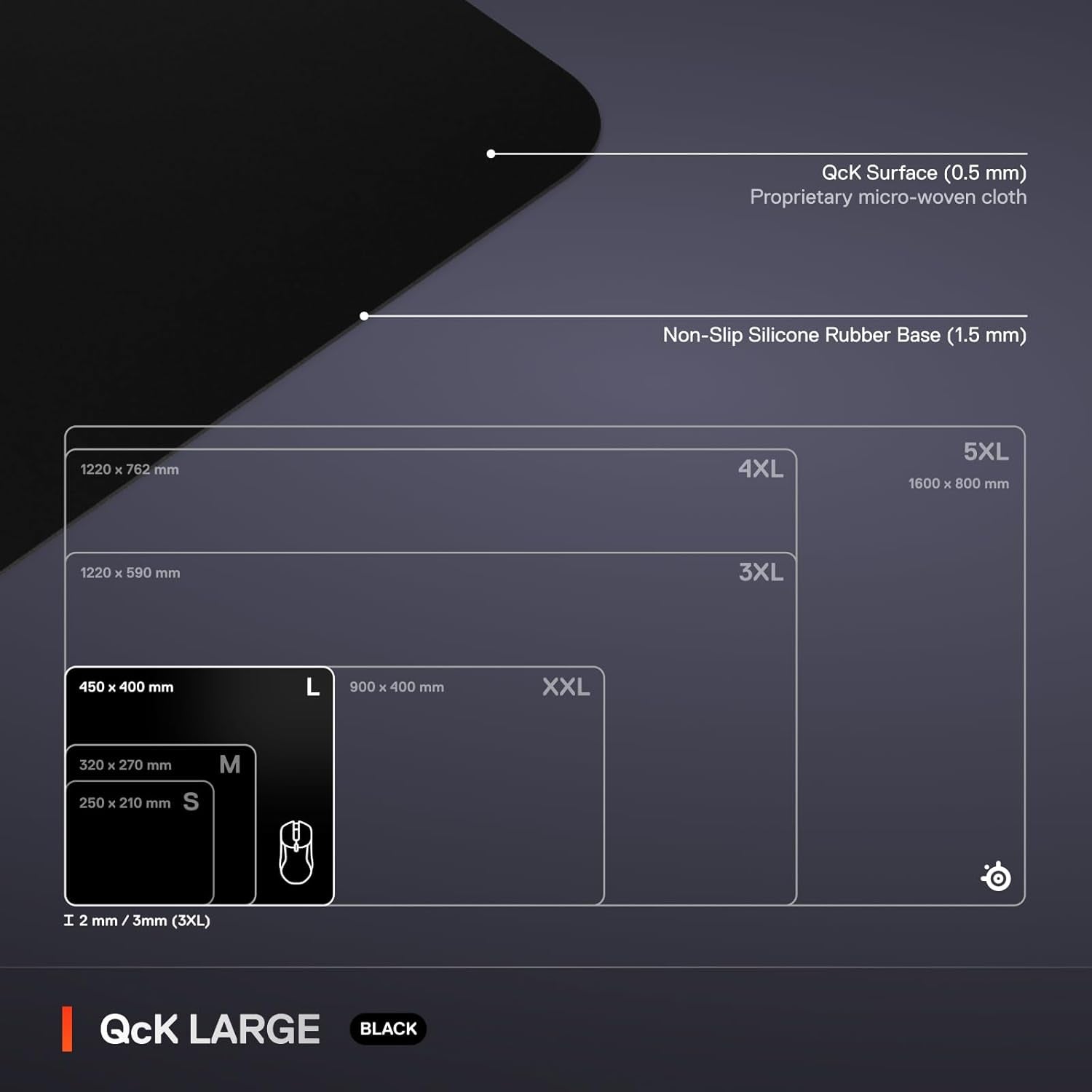 Steelseries Qck Large Gaming Mousepad — Black — Non-Slip Silicone Rubber Base — Peak Tracking and Stability — Optimized for Gaming Sensors — 490 Mm X 420 Mm — FPS, Mobas, RTS, MMO